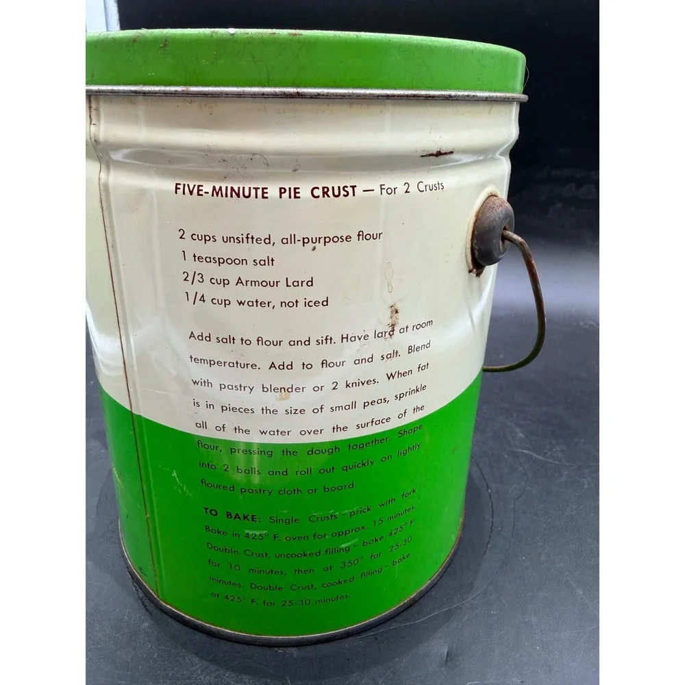 Vintage Armour Pure Lard 4lb Tin Pail with Lid and Recipes Farmhouse Decor